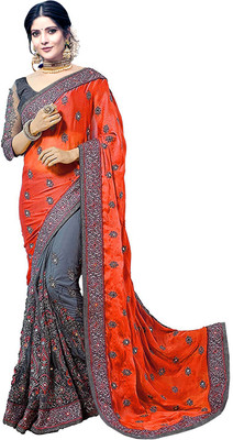 sadgun creation Embroidered Bollywood Silk Blend, Net Saree(Orange)