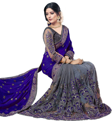 sadgun creation Embroidered Bollywood Lycra Blend Saree(Blue, Grey)