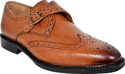 HX London single monk brogue Party Wear For Men(Tan , 8)