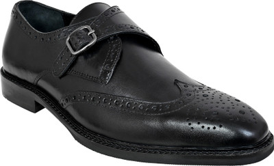 HX London single monk brogue Monk Strap For Men(Black , 8)