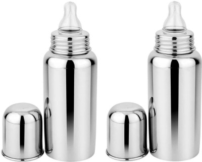 SQOS Baby Milk Feeding Bottle with Stainless-Steel & Nipple -(Pack of 2) - 250 ml(Steel)