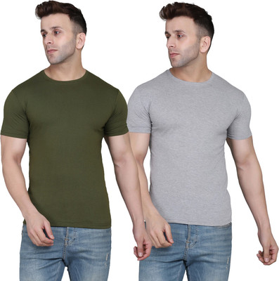 MOON IN Solid Men Round Neck Green, Grey T-Shirt