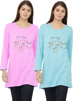 RRAVAYKI Printed Women Round Neck Multicolor, Pink T-Shirt