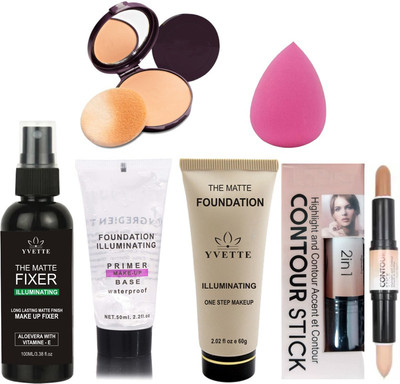 YVETTE FIXER SPRAY, PRIMER, FOUNDATION, Highlighter and Contour Stick, COMPACT POWDER, Blender Spounge(6 Items in the set)