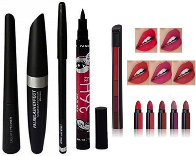 homedropsy WATERPROOF MASCARA+WATERPROOF EYELINER AND BLACK EYEBROW PENCIL WITH 5IN1 PUSH PLAY COLOUR LIPSTICK COMBO (5Items in the set)(5 Items in the set)