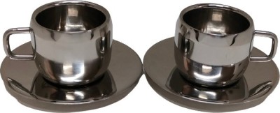 Dynore Pack of 4 Stainless Steel Stainless Steel Set of 2 Apple Cup with Saucer(Steel, Cup and Saucer)