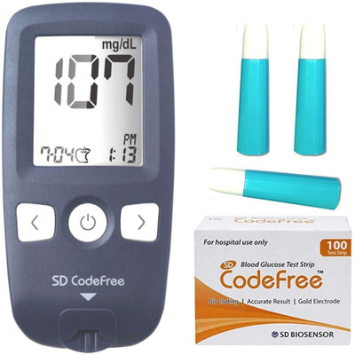 SD Codefree Blood Glucose testing monitor machine with 100 Strips & Safety Lancet - Glucometer(Black)