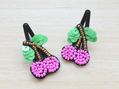 Pretty Ponytails Boho Style Beaded Cherry Hair Clip Pair Pink Green Hair Accessory Set(Pink, Green, Black)