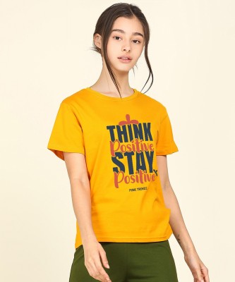 Young trendz Girls Typography, Printed Pure Cotton Regular T Shirt(Yellow, Pack of 1)