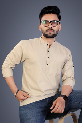SPOQUE Men Solid Straight Kurta(Beige)