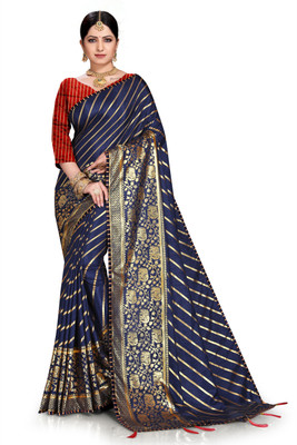 jayant creation Striped Bollywood Silk Blend Saree(Dark Blue)