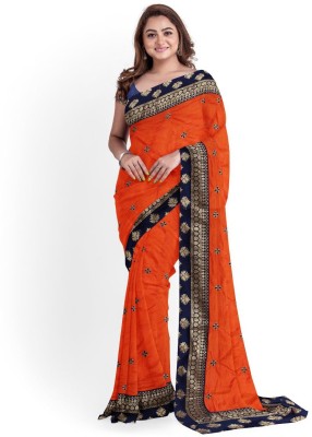 shirja Embroidered Daily Wear Silk Blend Saree(Dark Blue, Orange)