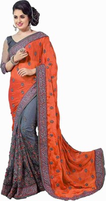 VILISA CREATION Embroidered Bollywood Net Saree(Orange, Grey)