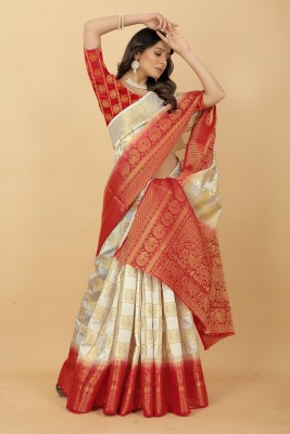 PRYAG SAREES Woven Kanjivaram Jacquard Saree(White, Maroon)