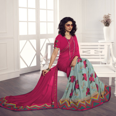 PHORIA STYLE Printed Bollywood Georgette, Chiffon Saree(Pink, Grey)