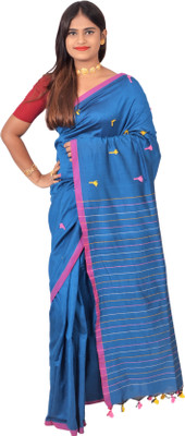 SAYAN CREATION Self Design Handloom Pure Cotton Saree(Blue)