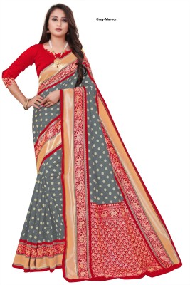 Swassy Fab Woven Banarasi Cotton Blend, Jacquard Saree(Red, Grey)