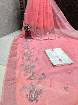 Vleez Embroidered Bollywood Chanderi Saree(Pink)