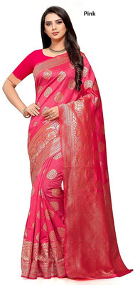 Swassy Fab Woven Banarasi Cotton Blend, Jacquard Saree(Pink)