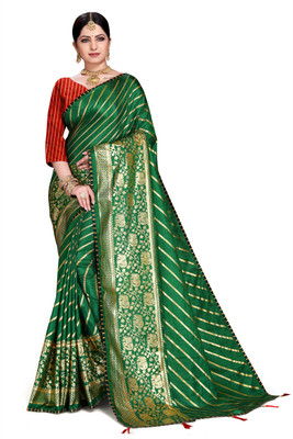jayant creation Striped Bollywood Silk Blend Saree(Dark Green)
