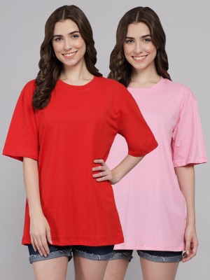 FUNDAY FASHION Solid Women Round Neck Red, Pink T-Shirt