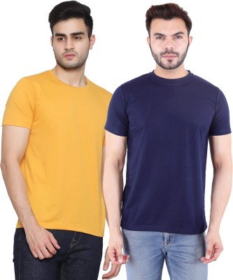 RiverHill Solid Men Round Neck Dark Blue, Yellow T-Shirt