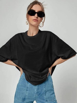 KOTTY Solid Women Round Neck Black T-Shirt