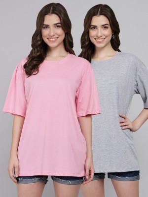 FUNDAY FASHION Solid Women Round Neck Pink, Grey T-Shirt