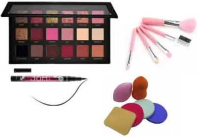 Pohok 5 makeup brush set with rosegold eyeshadow+ Yaniquina eyeliner & 6 in 1 puff set (4 Items in the set)(4 Items in the set)