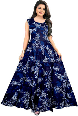Shunit creation Women Fit and Flare Dark Blue, White Maxi/Full Length Dress