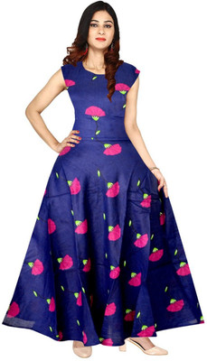 Khushi Print Women Fit and Flare Blue, Pink Maxi/Full Length Dress