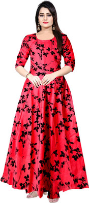 MUDRIKA Women Fit and Flare Pink Maxi/Full Length Dress