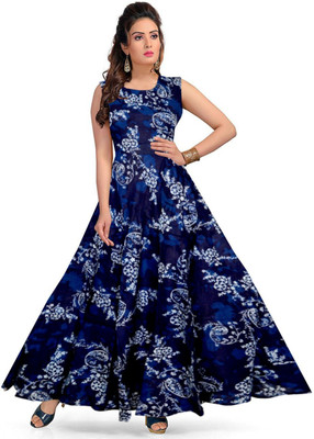 Shunit creation Women Fit and Flare Dark Blue, White Maxi/Full Length Dress