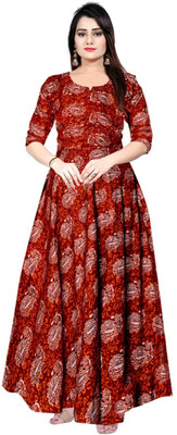JWF Women Fit and Flare Maroon Maxi/Full Length Dress