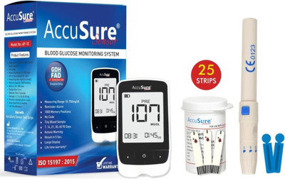 AccuSure SENSOR BLOOD GLUCOSE METER WITH 25 STRIPS AND 10 LANCETS 25 Glucometer Strips