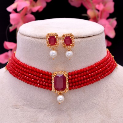 RR Jeweller Brass Gold-plated Red, Ruby Red, White Jewellery Set(Pack of 1)