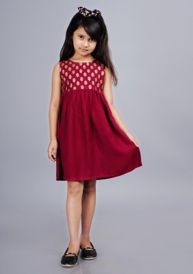 RF CLOTHES Girls Midi/Knee Length Casual Dress(Maroon, Sleeveless)