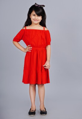 RF CLOTHES Girls Below Knee Casual Dress(Red, Fashion Sleeve)