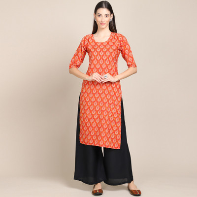 1 Stop Fashion Women Printed Straight Kurta(Orange)