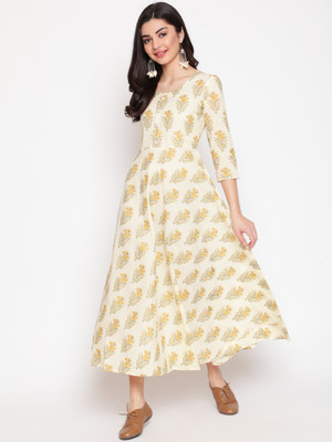 GLAM ROOTS Women Floral Print Flared Kurta(Yellow)