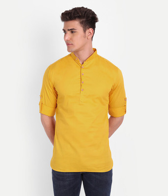 Vida Loca Men Solid Pathani Kurta(Yellow)