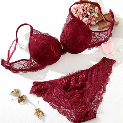 Unitrust Designer Women's Bra Panty Set Lace Push Up Solid Lingerie Set Lingerie Set