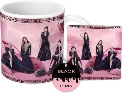 NH10 DESIGNS Black pink Cup Blackpink Coaster With Keychain Gift for Girls Boys(BPMCK-71) Ceramic Coffee Mug(350 ml, Pack of 3)