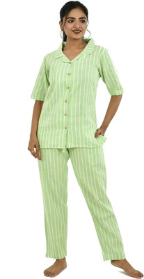 QuaClo Women Striped Green Shirt & Pyjama set