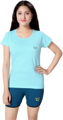 Butterfly Women Solid Light Blue, Dark Blue Top & Shorts Set