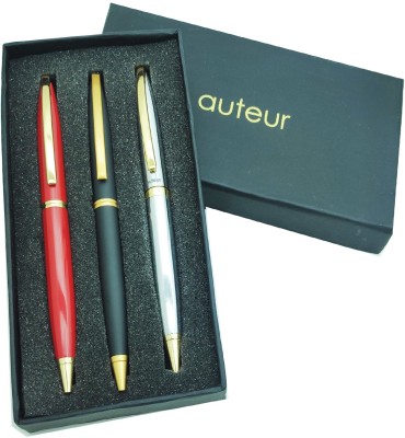 auteur 156 Red, Black & Chrome Color With 18 KGP Gold Plated Pen Pen Gift Set(Pack of 3, Blue)