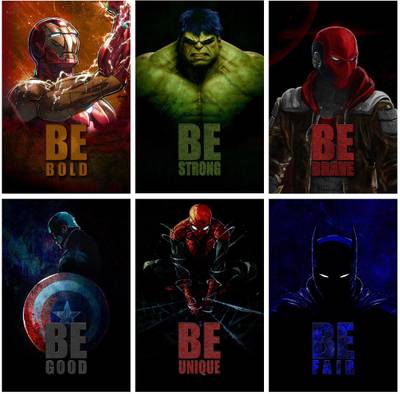Superhero's Wall Posters and Inspirational, Motivational Quotes, (Iron Man, Batman, Dead Pool, Superman, Spiderman, Hulk) for Office, Home and gym, Pack of 06 Paper Print (18 inch X 12 inch), Rolled Paper Print