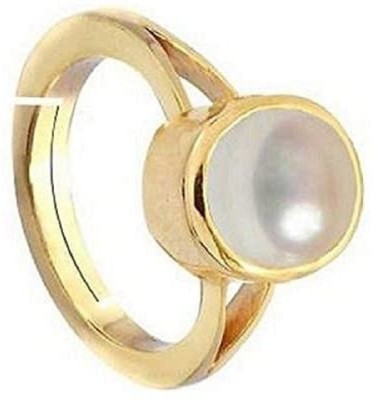 EVERYTHING GEMS 6.25 Ratti 5.55 Carat Natural Pearl Original Certified moti Adjustable Brass Pearl Gold Plated Ring