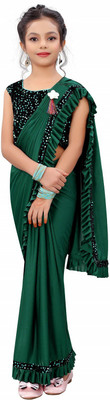 Dhyey Fashion Solid/Plain Bollywood Lycra Blend Saree(Dark Green)