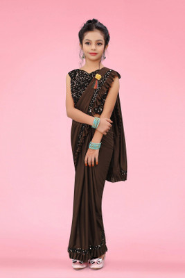 SNH EXPORT Self Design, Embellished, Solid/Plain Bollywood Lycra Blend Saree(Brown)